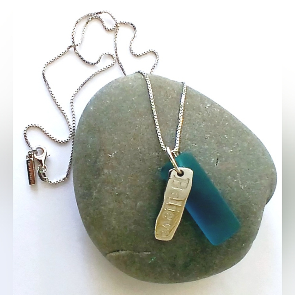 Vantel Pearls Necklace Frosted Glass/Sea Glass Believe Charm 18" Sterling Chain